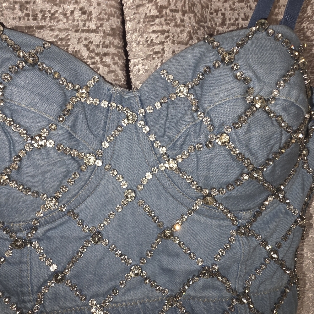 Stylish Denim Beaded Bustier Top - Picture 7 of 7